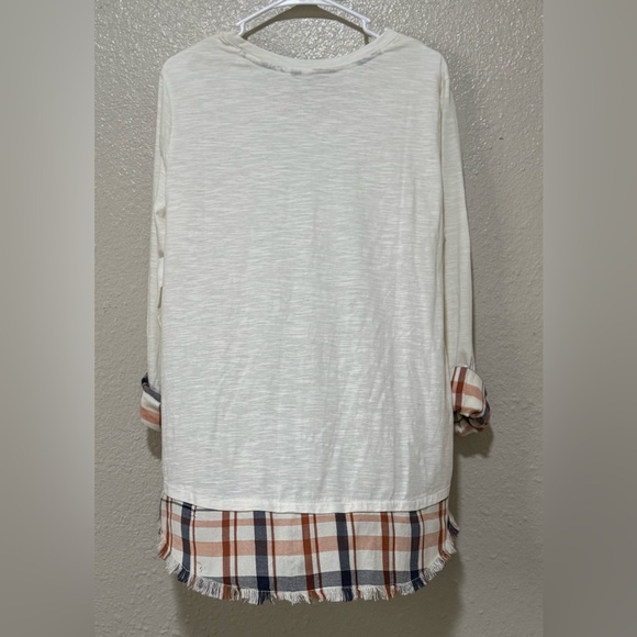 Natural Reflections W Sz L Cream Tunic LS Tee Plaid Fringe Hem Lightweight - Picture 2 of 7